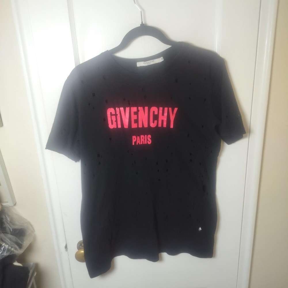 Givenchy Paris Distressed T-Shirt Black Neon Pink Logo Mens Medium Short‎ Sleeve